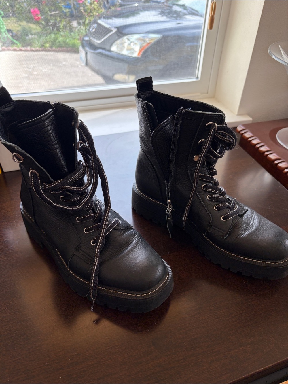 Women's Black Lace-Up Combat Boots with Side Zipper